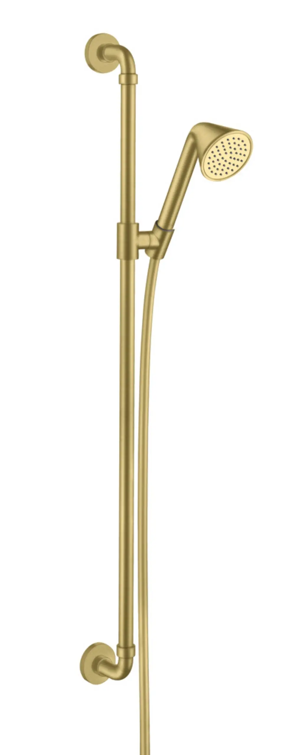 Brauseset von AXOR in gebürstetem Messing mit Handbrause. Das Set umfasst eine vertikale Halterung und einen flexiblen Schlauch. Funktionelles Design für Badezimmeranwendungen.